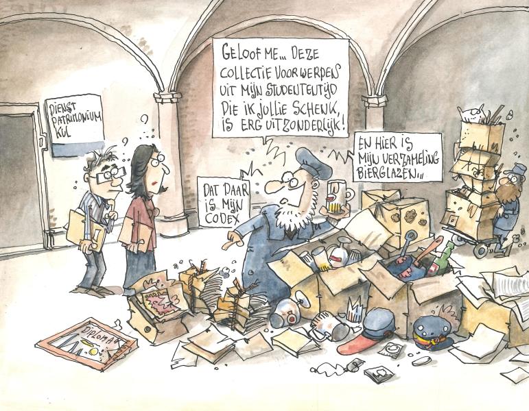 Cartoon van Joris Snaet, bewaard in het Universiteitsarchief van KU Leuven