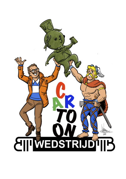 Logo cartoonwedstrijd met Ambiorix en 'Markske' uit de FC De Kampioenenstrips, die samen het Stroopmenneke omhoogtillen