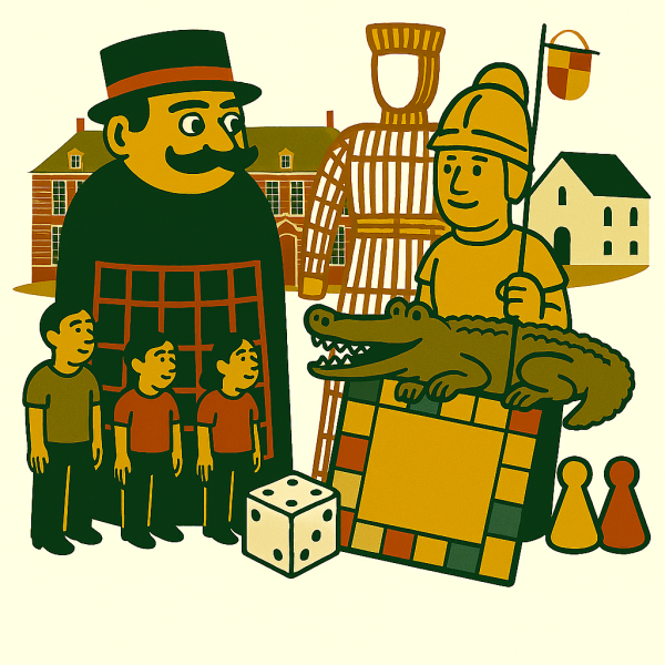 Op de afbeelding ziet u reuzen, spelmateriaal, Hanske de Krijger en de abdij Maagdendale in de achtergrond.