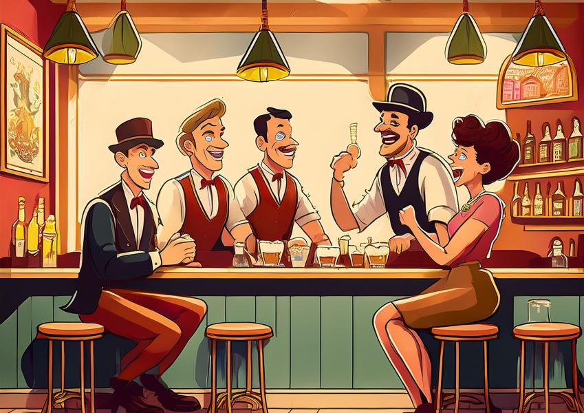 Cartoon van mensen die aan de toog luisteren naar grappen van de cafébaas