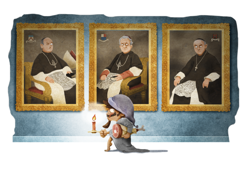 Pedro Coloma al sluipend door de pandgang van de Abdij. 