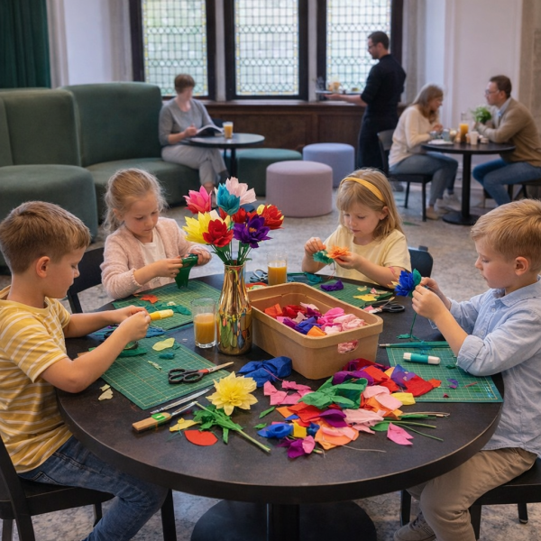 Kinderen knutselen papieren bloemen.
