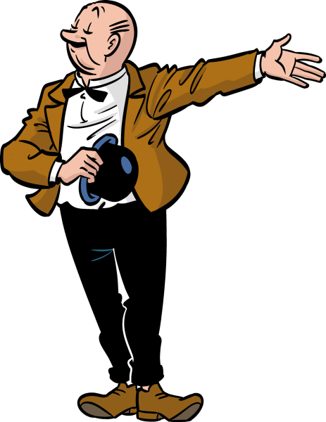 Lambik, met bolhoed in de rechterhand, maakt uitnodigend gebaar met linkerarm