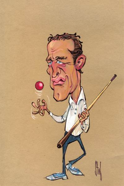 Een gekleurde karikatuur van Paul Newman, met een stok in zijn hand. Met zijn andere hand gooit hij een rode bal omhoog. Tegen een bruine achtergrond. 