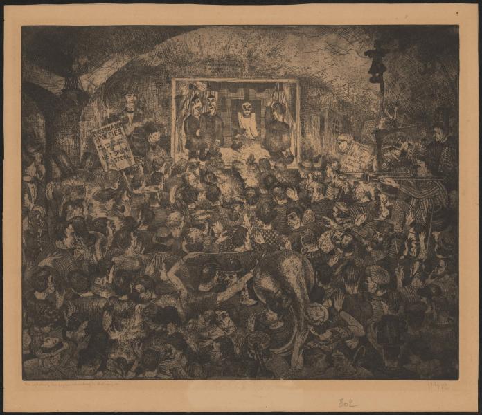 tekening van poesjenellenkelder met publiek