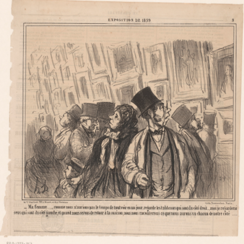 Rijksstudio: Echtpaar bekijkt ieder een andere wand van de tentoonstellingszaal, Honoré Daumier, 1859